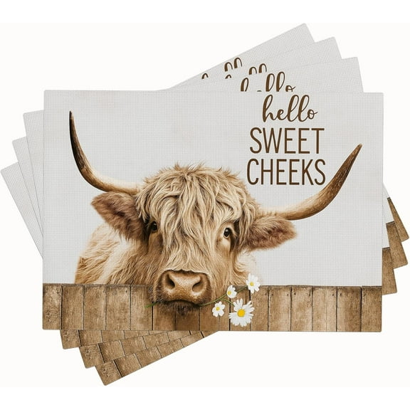 Farmhouse Highland Cow Placemats Set of 4 Farm Animal Table Mats Non-Slip Washable Place Mats for Party Kitchen Dining Room Decoration 12x18 Inch