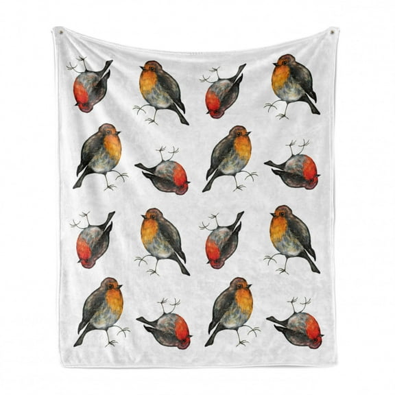 Bird Print Soft Flannel Fleece Throw Blanket, Robin Redbreast Breed in Watercolor Style, Cozy Plush for Indoor and Outdoor Use, 60" x 80", Marigold Vermilion, by Ambesonne
