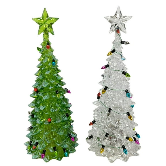 Holiday Battery Operated Lighted White & Green Christmas Tree Figurine 2 Piece Set