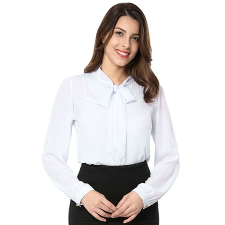 Allegra K Women's Chiffon Dress Blouse with Bow Details White (Size M / 8)
