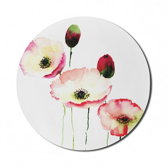 Poppy Flower Mouse Pad for Computers, Different Sized Poppys Revival Growing Widely Known Eternal Life Sign, Round Non-Slip Thick Rubber Modern Gaming Mousepad, 8" Round, Pink Red, by Ambesonne