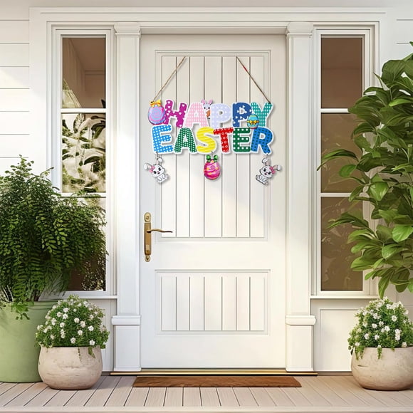 Decoraciones de Pascua, adornos de Pascua, regalos de Pascua. Letrero decorativo de madera para puerta con estampado de huevos y conejos de colores. Decoración navideña de gran tamaño para puerta. Ide