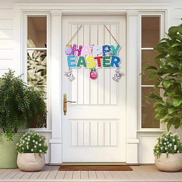 Easter Decorative Door Hanger Wooden Hanging Sign with Colorful Egg and Rabbits Print Large Size Holiday Door Decoration Suitable for Easter