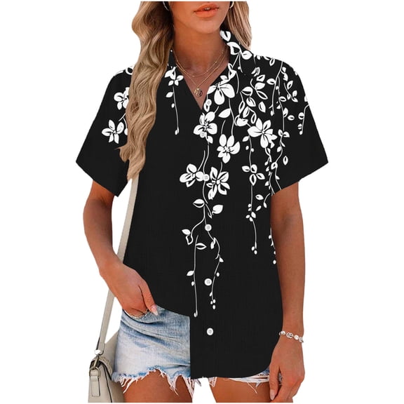 Womens Tops Short Sleeve Summer Printing Flax Plaid Flared Hem Button-Up Shirt Black XXL