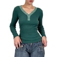 thumbnail image 1 of Sunloudy Camisetas básicas ajustadas de manga larga con cuello en V y retazos de encaje para mujer Sunloudy moda, 1 of 7
