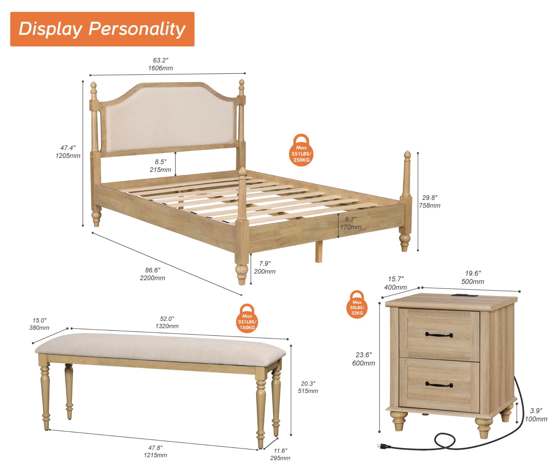 4 Piece Bedroom Set, Queen Bed Frame & 2 Nightstands with Charging Station & Upholstered End of Bed Bench, Oak