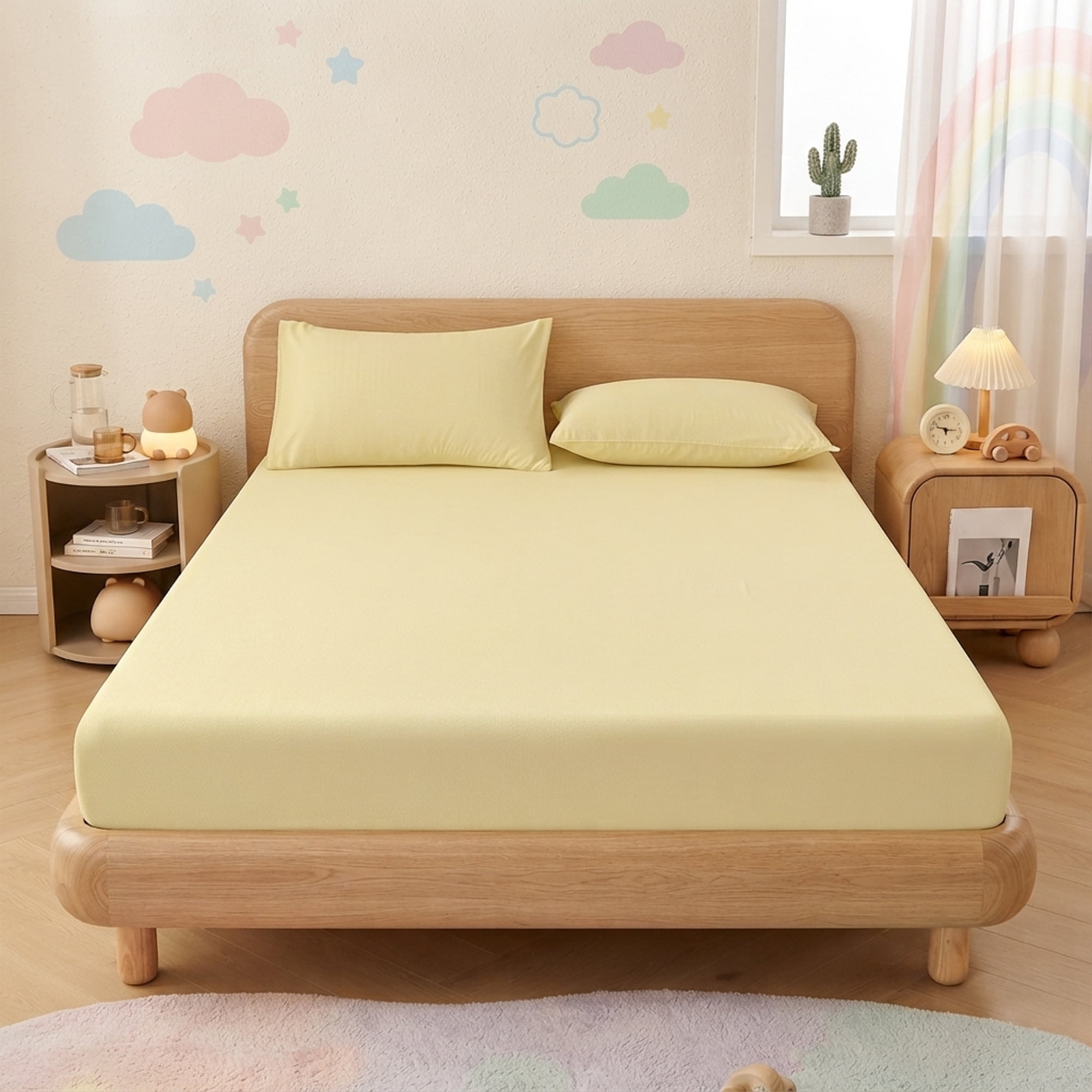 Unique Bargains Fitted Sheet Solid Cotton Bed Sheets Breathable Creamy yellow 60.2"x79.9"