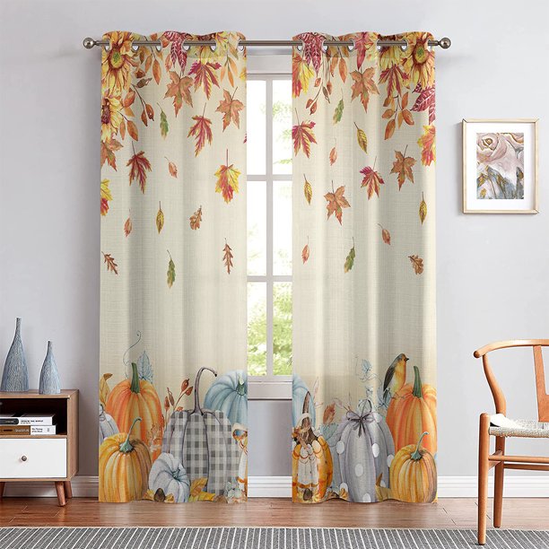 Skearow 2Pcs Drapes Pumpkin Print Window Curtain Blackout Digital ...