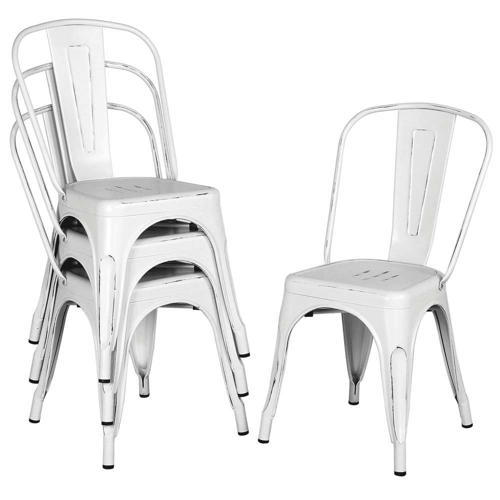 Alden Design Industrial Modern Metal Dining Chairs, Set of 4, Distressed White