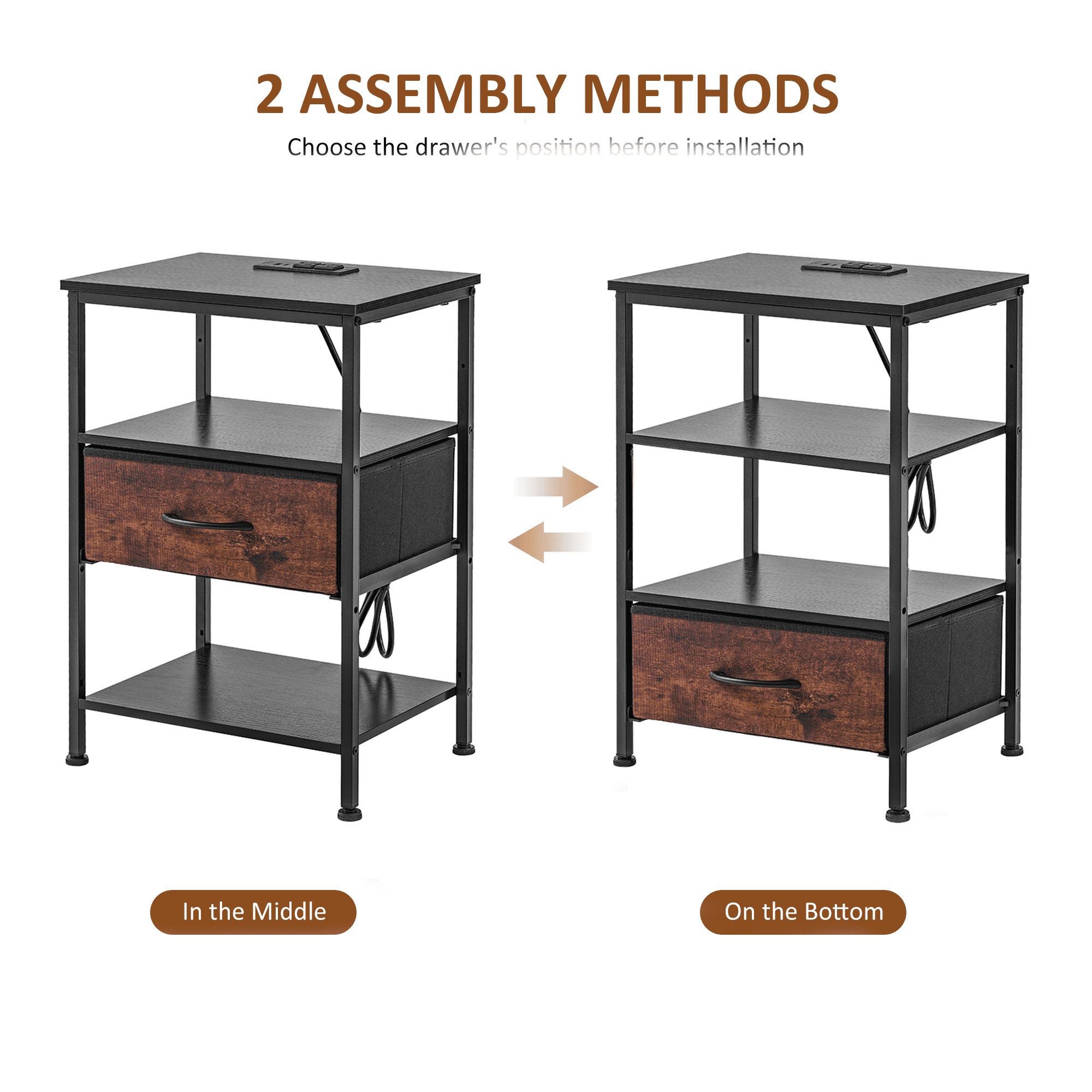 LIFERECORD Nightstand Set of 2 with 2 Fabric Drawers, Nightstand with Charging Station, End Tables with Storage Shelf for Small Spaces, Bedside Table Side Tables for Bedroom, Black & Brown