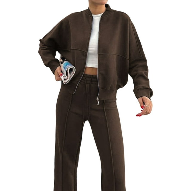 Lounge Sets for Women Sweatsuit 2 Piece Outfits Sweatshirt Wide Leg Sweatpant Tracksuit Matching Set Coffee XXL