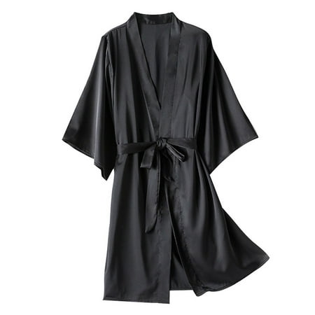

DNDKILG Silky Bathrobe Plus Size Bride Party Bridesmaid Robe for Women Kimono Satin Robes Loungewear Long Sleeve Short Sleepwear Black XL