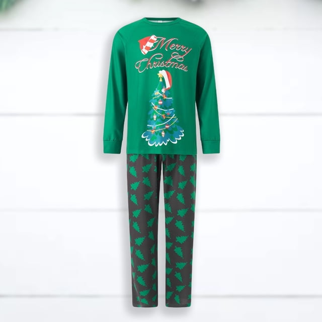 Traje de diario casual con patrón de árbol de Navidad de cuello redondo familiar Traje de pantalón largo verde FLhrweasw Para estrenar