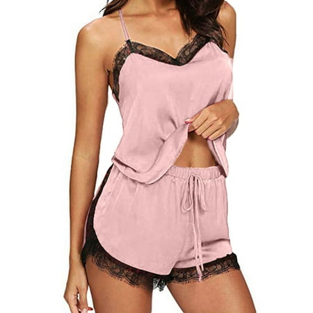 gakvbuo Plus Size Silk Satin Pajamas For Women Sleepwear Sexy Lingerie Split 2 Piece Pajamas Loungewear Set Vest Cami Top Shorts Set Babydoll Lace Up Nightwear