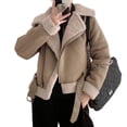thumbnail image 2 of Women'S Faux Shearing Moto Jacket Thick Lined Parka Winter Shearling Coat Leather Jacket Brown 9207 XS, 2 of 9