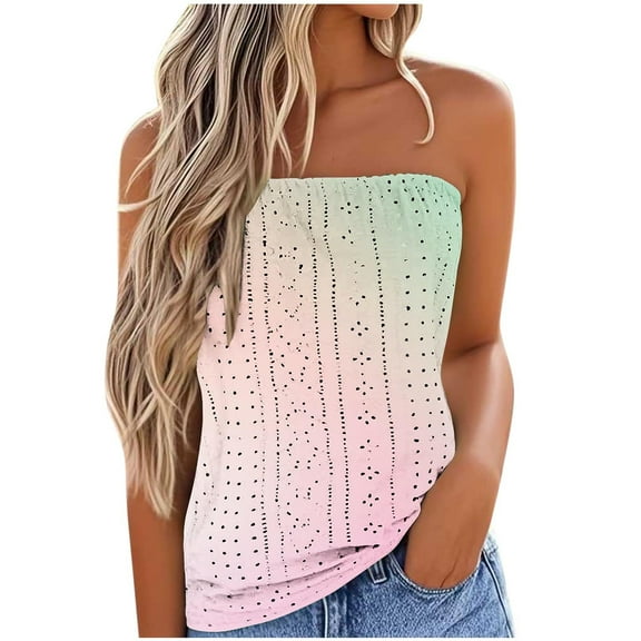 Womens Strapless Bandeau Tank Top Casual Summer Ombre Tie Dye Sleeveless Eyelet Tube Tops