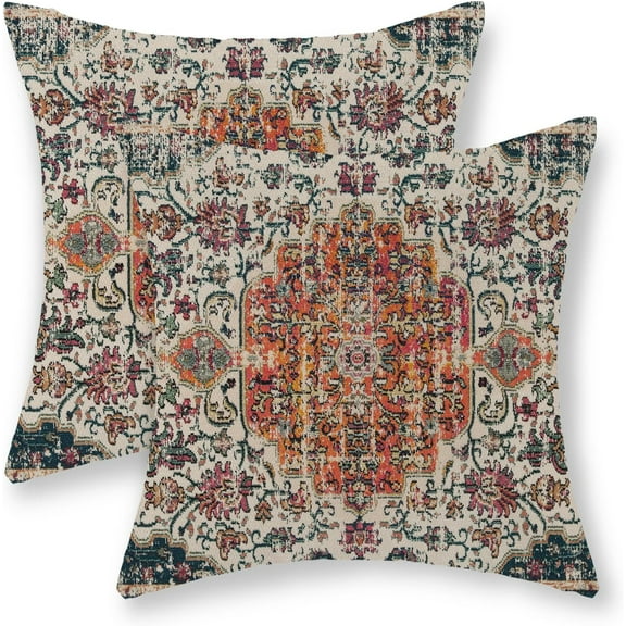 Boho Pillow Covers 18x18 Inch Set of 2, Carpet Vintage Floral Teal Orange Throw Pillows Ethnic Design Decorations Pillowcase Linen Bohemian Farmhouse Cushion Case for Sofa Couch Outdoor Decor