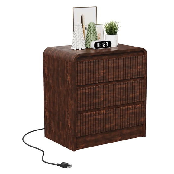 Walnut Fluted Nightstand with Charging Station and 3 Drawers, Anti-Tip Hardware, Bedside Table, 1-Pack