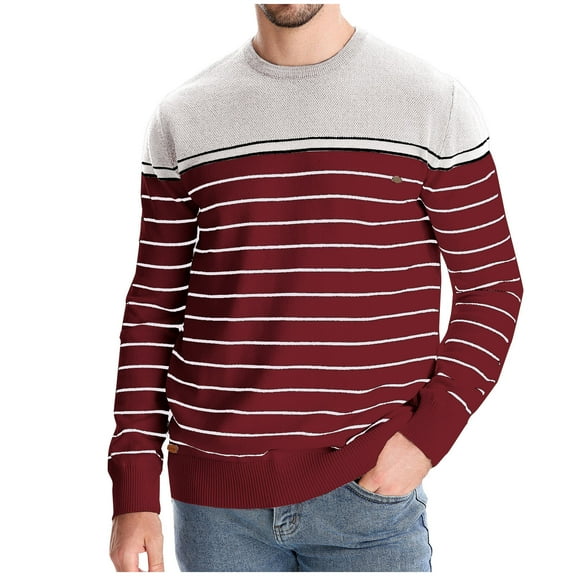 TFEOQRY Men's Striped Round Neck Sweater Color Block Long Sleeve Pullover Fall Winter Warm Casual Tops Beige