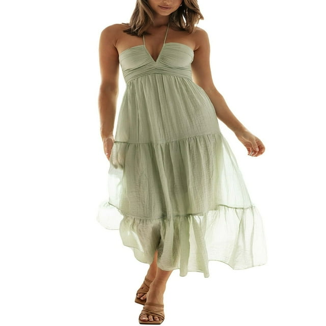 Women Halterneck Long Dress A-Line Sleeveless Backless Flowy Maxi Beach Dress