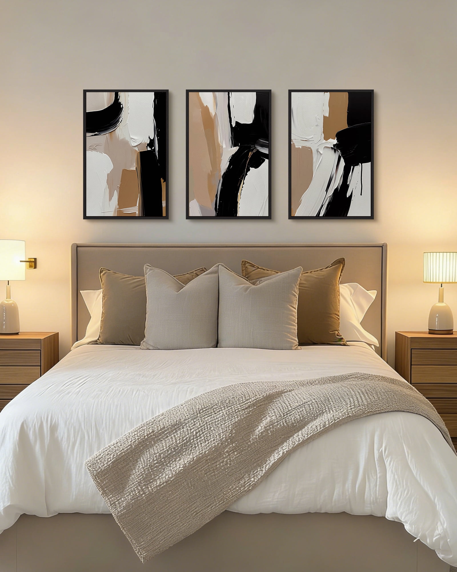 SHENIFY Large 24x36in3pcs Natural Framed Black Abstract Shapes Canvas Wall Art Minimalist Graffiti Pastel Wall Decor Modern Illustration Art Painting Home Decor