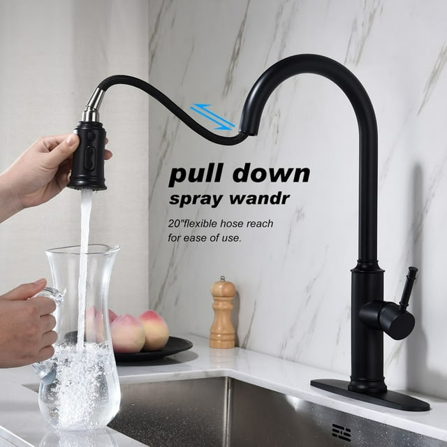 Rallonge de Robinet de Cuisine Tactile Commerciale Moderne avec Tête de Pulvérisation Extractible, Vaporisateur d'Eau pour Évier à une Poignée en Laiton à Tirette (avec Plaque de Robinet), Acier Inoxydable Noir Mat
