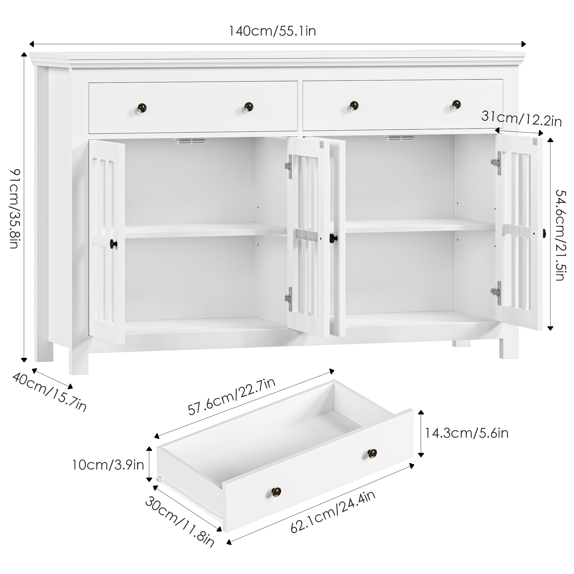 Homfa Kitchen Buffet Sideboard, Modern Wood Storage Cabinet with 4 Glass Doors & 3 Adjustable Shelves for Dining Room, White