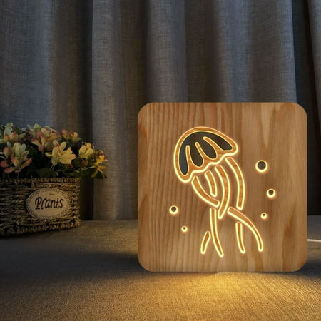

TIMPCV Light Bulb Night Light For Jellyfish Wooden 3D Lamp Creative Wooden Lights Simple Decorative Lights 3D Wood Carving Pattern LED Night Light For Desk