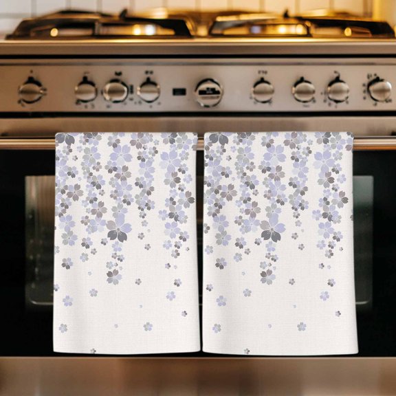 Light Purple Cherry Kitchen Towels Set of 4, Spring Floral Gray Flowers Blossom Beige Absorbent Dish Towels for Kitchen, Microfiber Hand Towel, Quick Drying Tea Towel for Cleaning Dishcloths