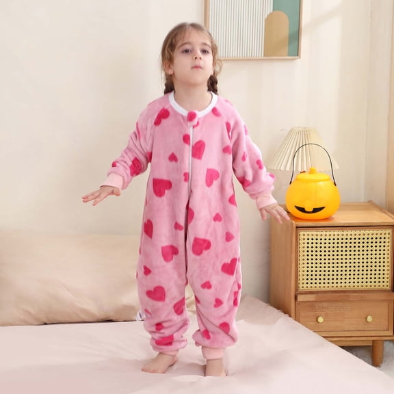 fnnxnal Kids Girls Pink Heart Print Flannel Zip Front Jumpsuit Footless Long Sleeve,Size 1-2 T