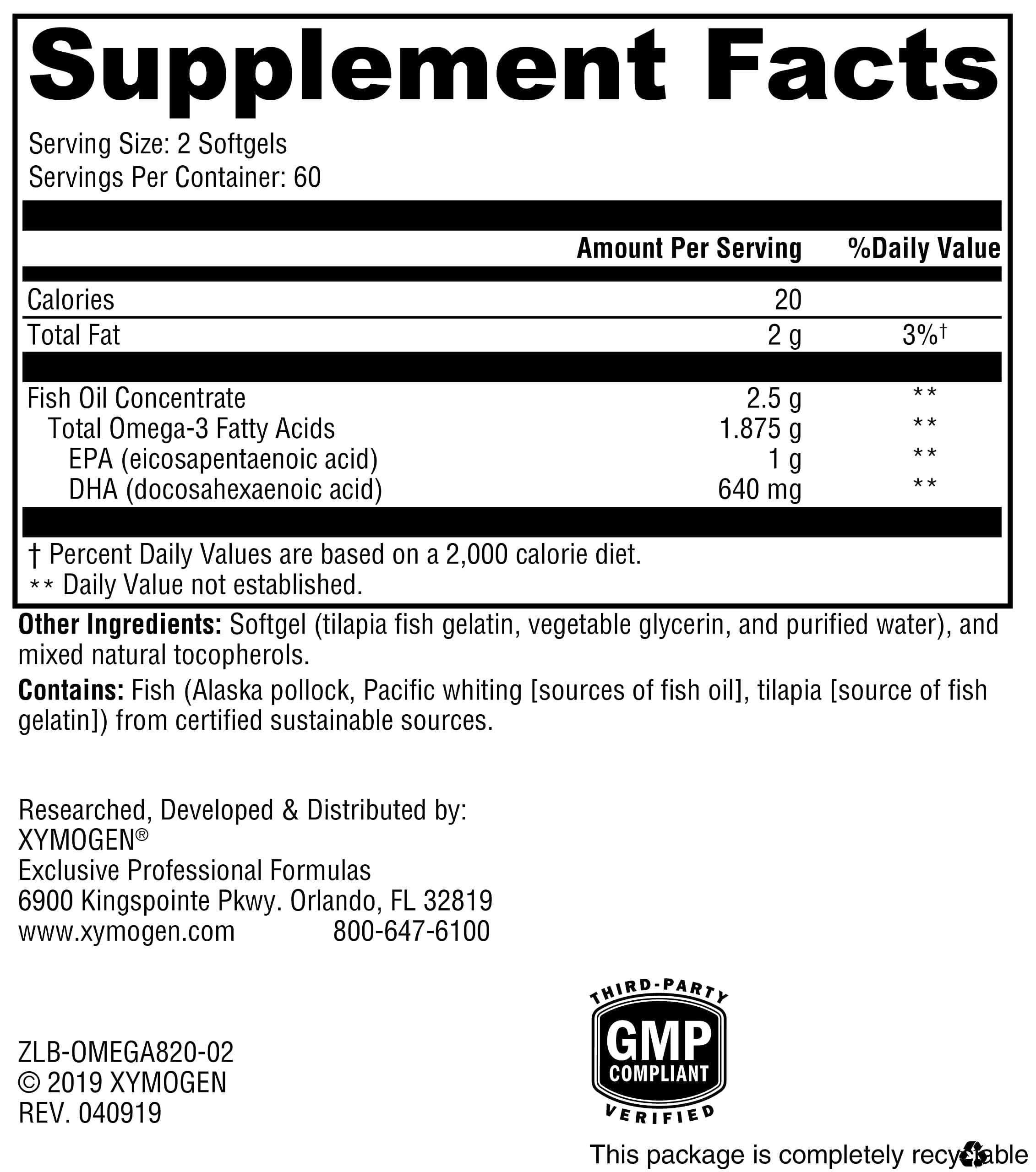 XYMOGEN OmegaPure 820 - Cardiovascular & Brain Support - IFOS Five-Star Certified Fish Oil - DHA EPA Omega-3 Supplement - 120 Softgels