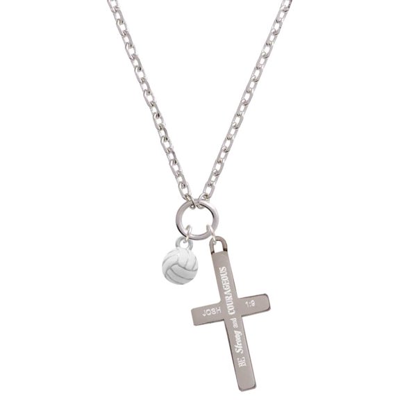 Delight Jewelry Silvertone 3-D White Volleyball Be Strong and Courageous Engraved Cross Zoey Necklace, 28"