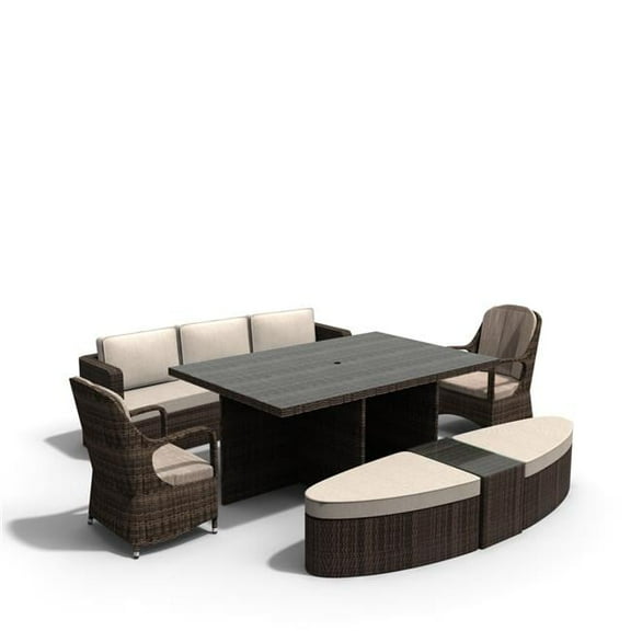 Brown 7 Piece PE Rattan Outdoor Patio Dining Table and Chairs Set, Daybed, Coffee Table, Ottoman, Umbrella Hole
