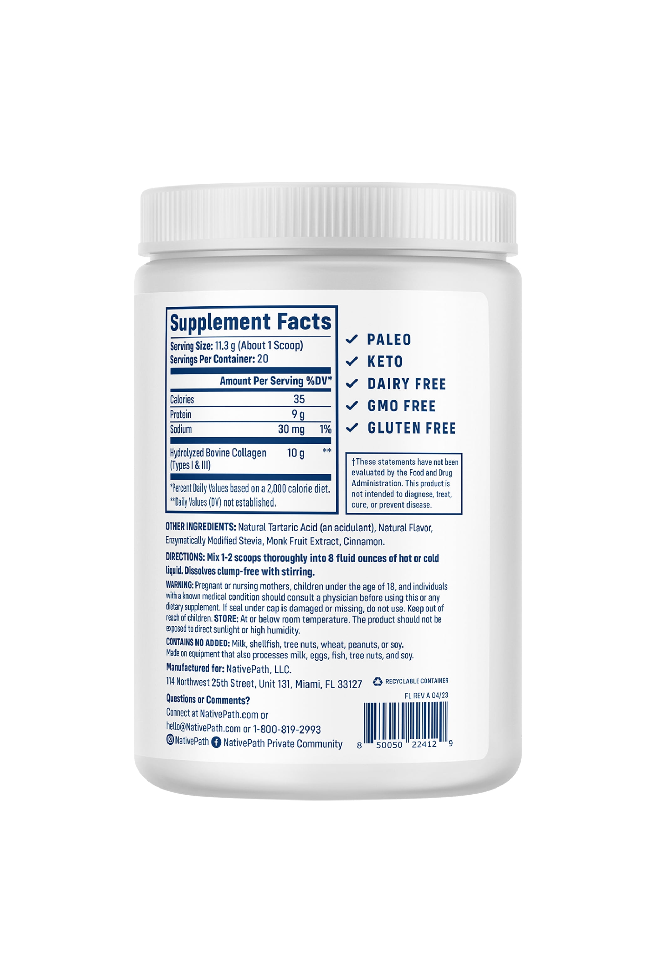 NativePath Peach Collagen Peptides Powder, Grass-Fed Type 1 and 3, Keto, 20 Servings