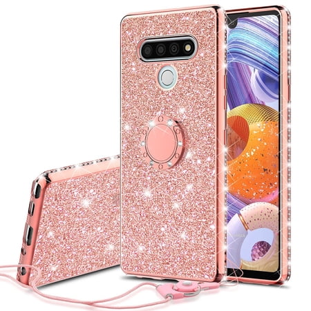 LG Stylo 6 Glitter Phone Case, Ring Kickstand Girls Women Diamond Sparkly Case for Cover for LG Stylo 6 - Rose Gold
