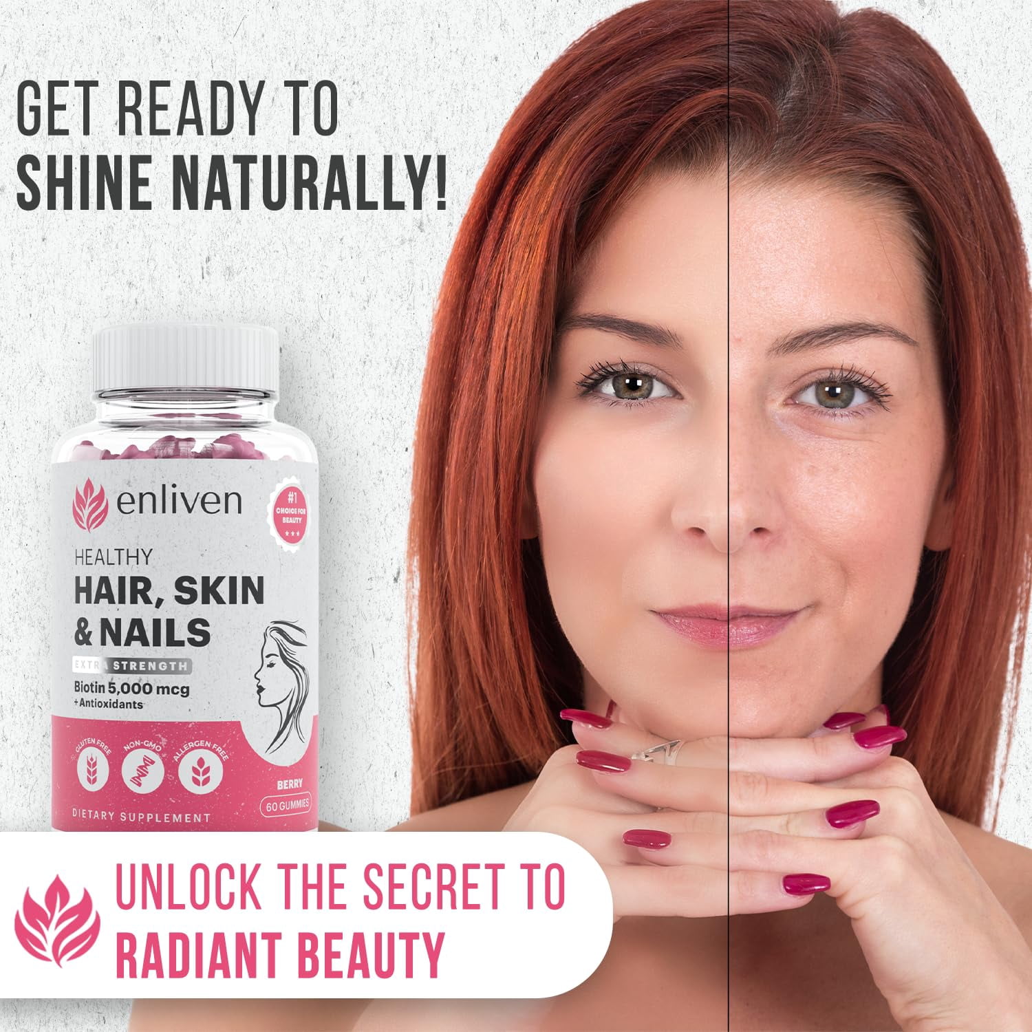 Enliven Biotin Hair Skin and Nail Supplements | Biotin Gummies Vitamins | Berry Flavor (60 Gummies)