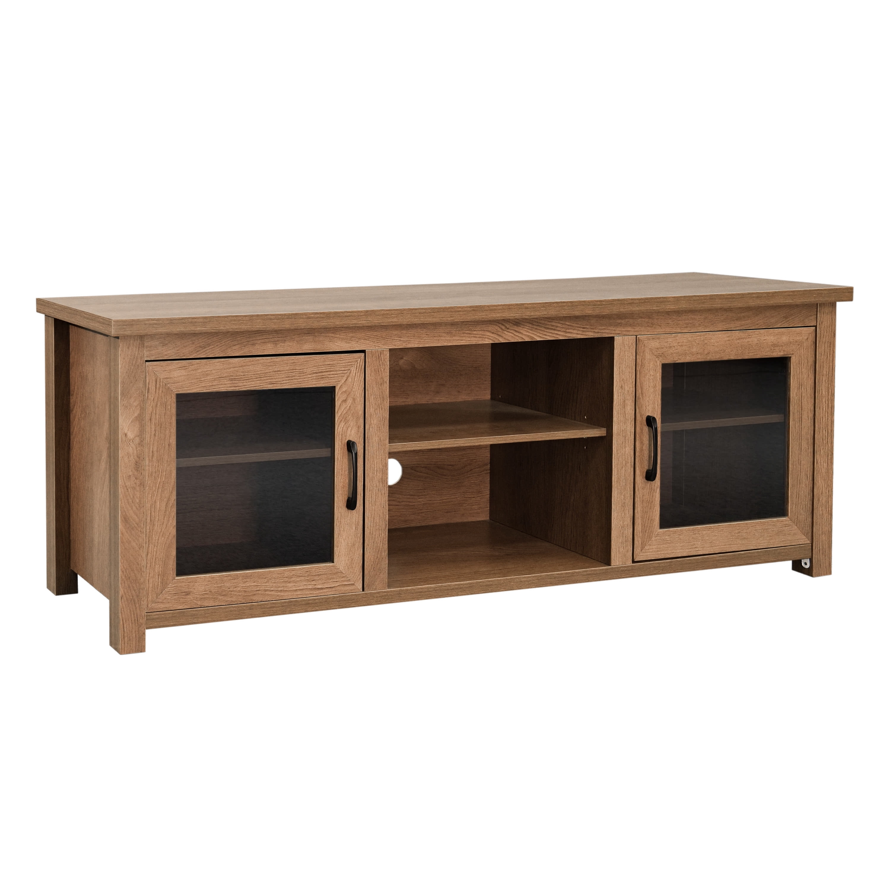 BizChair Sheffield Classic TV Stand for up to 80" TVs - Modern Walnut Finish with Full Glass Doors - 65" Engineered Wood Frame - 3 Shelves