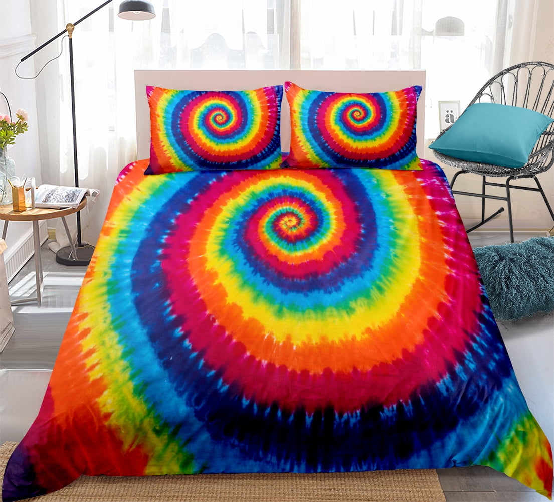 Tie Dye Comforter Cover Set Hippie Spiral Bedding Set Ethnic Boho Duvet