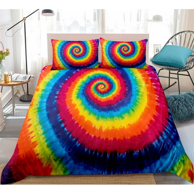 Tie Dye Comforter Cover Set Hippie Spiral Bedding Set Ethnic Boho Duvet