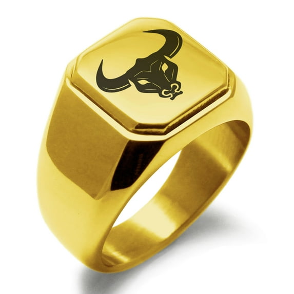 Stainless Steel Greek Mythology Minotaur Engraved Square Flat Top Biker Style Polished Signet Ring