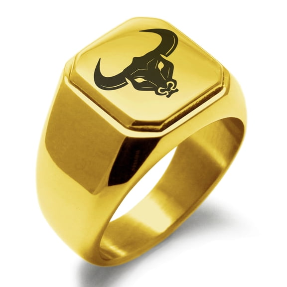 Stainless Steel Greek Mythology Minotaur Engraved Square Flat Top Biker Style Polished Signet Ring