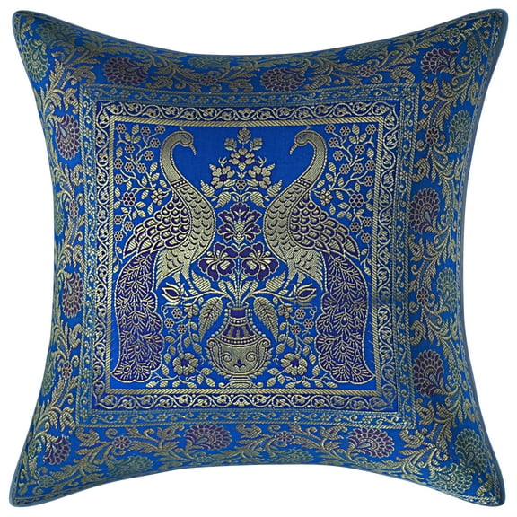 Stylo Culture Indian Decorative Brocade Turquoise And Gold Throw Pillow Covers 16x16 Jacquard Weave Banarasi Boho Throw Pillow Covers Peacock Floral 40x40 cm Cushion Covers (1 Pc)