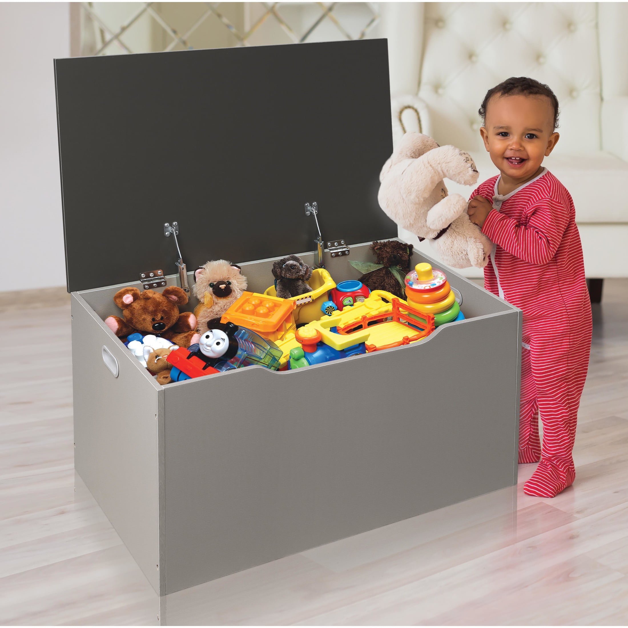 Badger Basket Child’s Wooden 29 gal Flat Bench Top Toy Chest, Woodgrain/Gray