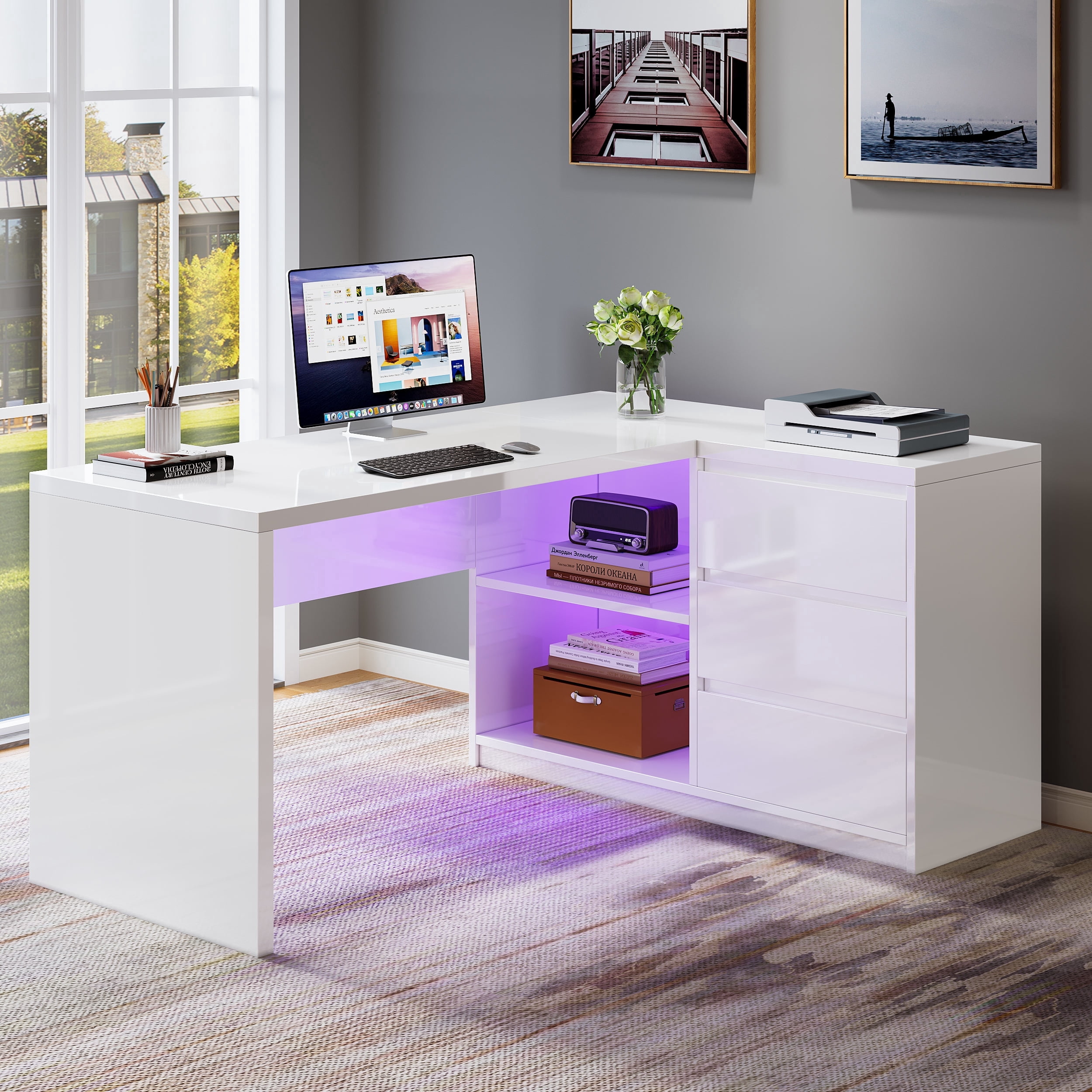 Fnova 55" L-Shaped Large Executive Desk with LED Lights & 3 Drawers, Modern Gloss Home Office Computer Desk 2 Storage Shelves, White