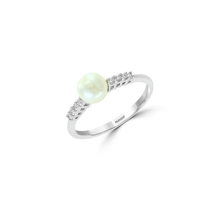 14K White Gold, 6mm White Pearl & Diamond Solitaire Ring