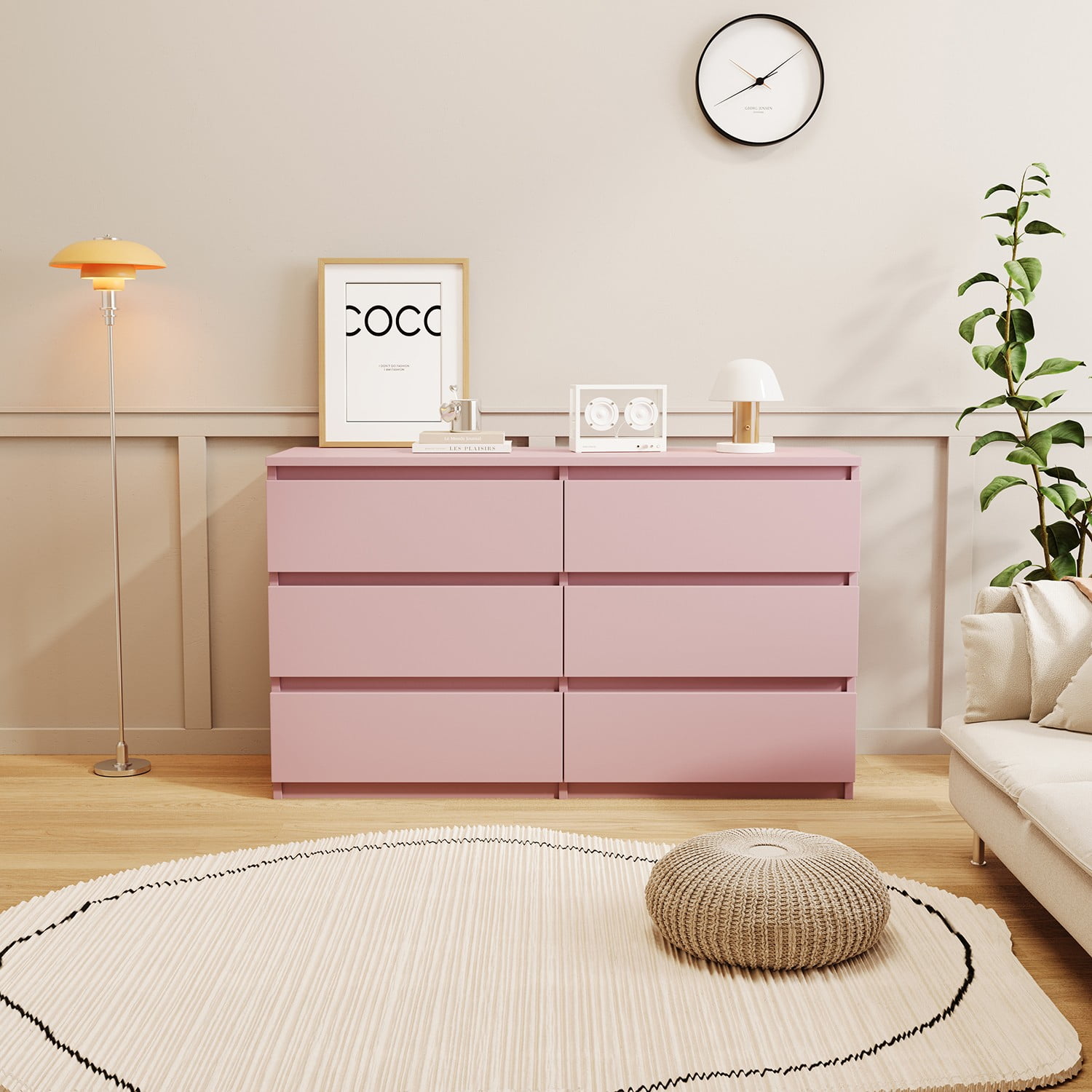 Resenkos Modern Mid Century 6 Drawer Wide Dressers Chests for Bedroom, Chest of Drawer Organizer Pink