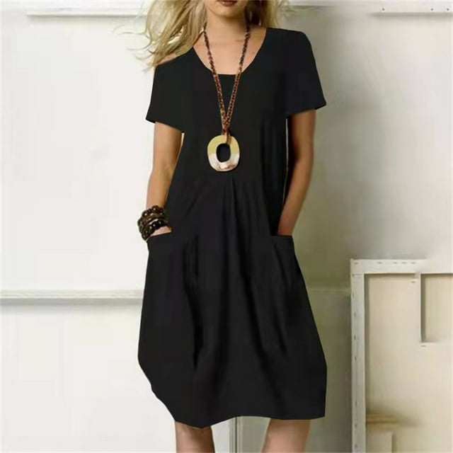 Mefallenssiah Mode Casual Col Rond Bouton Manches Courtes Coton Lin Genou-Haut Robe de Poche Robes Solides