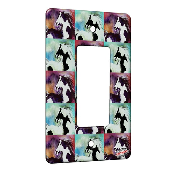 KuzmarK™ 1 Gang Rocker Wall Plate - Abstract Pinto Mustang in Purple with Pink and Gold Horse Pattern Art by Denise Every