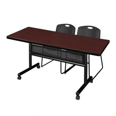 72" x 30" Flip Top Mobile Training Table w/ Divider- Mahogany & 2 Stack Chairs