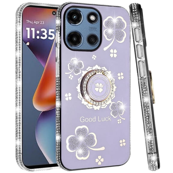 For Motorola Moto G Power 5G 2025 Case, Diamonds Bling All Around Edges Sparkly Glitter Hybrid with Ring Stand Holder Fashion Good Luck Phone Cover (Purple)